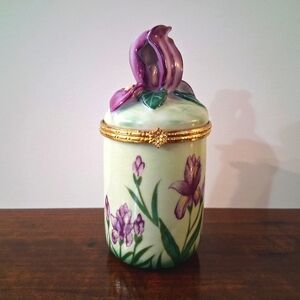 Vintage Bombay Co. Porcelain Vanity Candle Trinket Box Iris Flower Hand-Painted